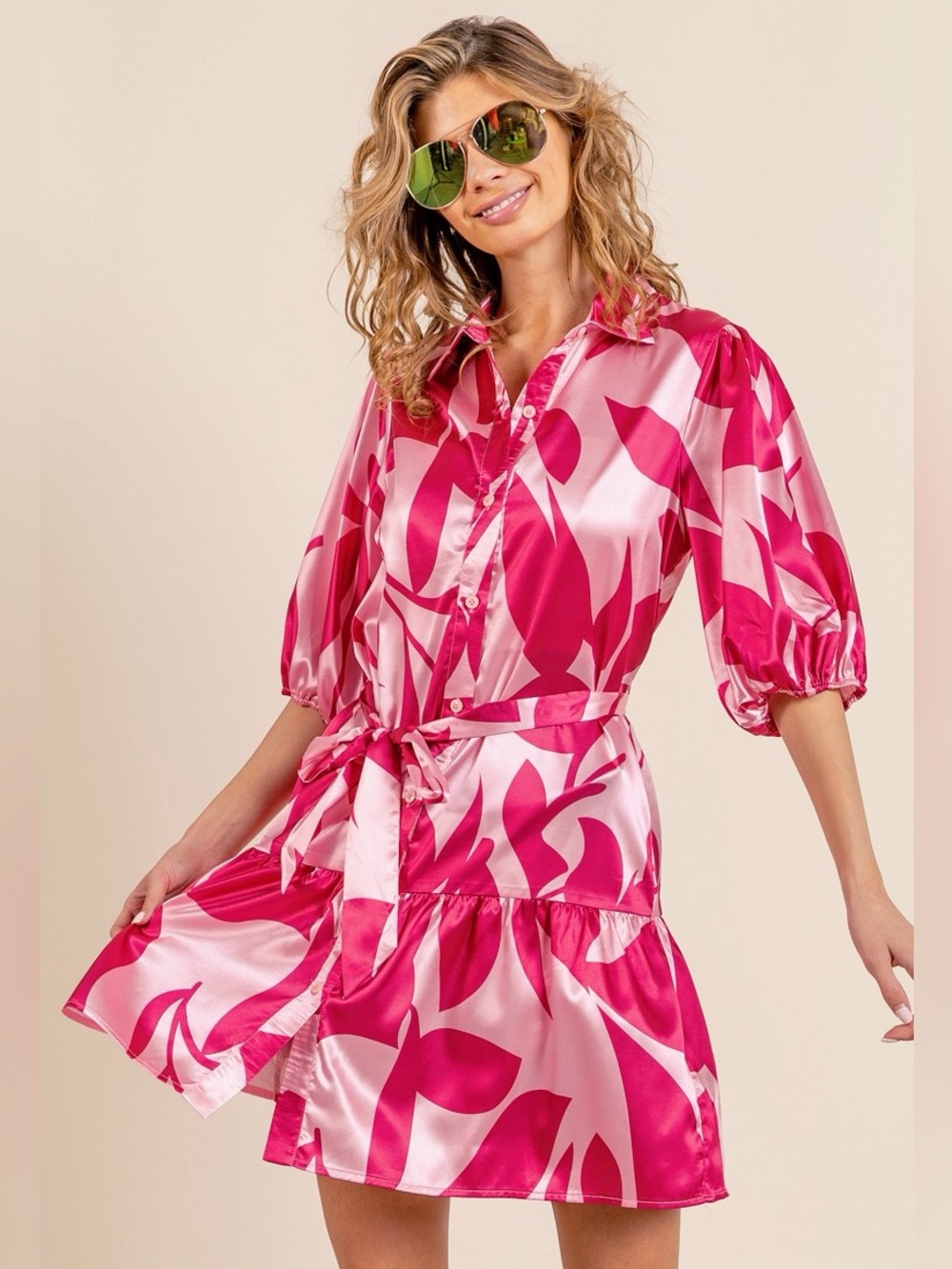 💗Hello Gorgeous! BiBi Leaf Pattern Collared Satin Dress